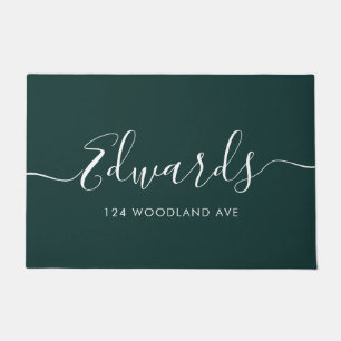 Dark Green Modern Script Personalized Doormat