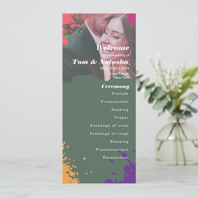 Dark Green Modern Wedding Drops Design  Program (Standing Front)