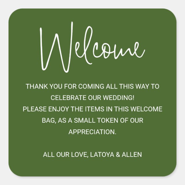 Dark Green Modern Wedding Welcome Gift Bag Basket Square Sticker (Front)