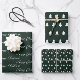 Dark Green & Modern White Christmas Tree Wrapping Paper Sheet