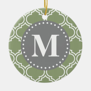 Dark Green Moroccan Lattice Pattern Monogram Ceramic Ornament