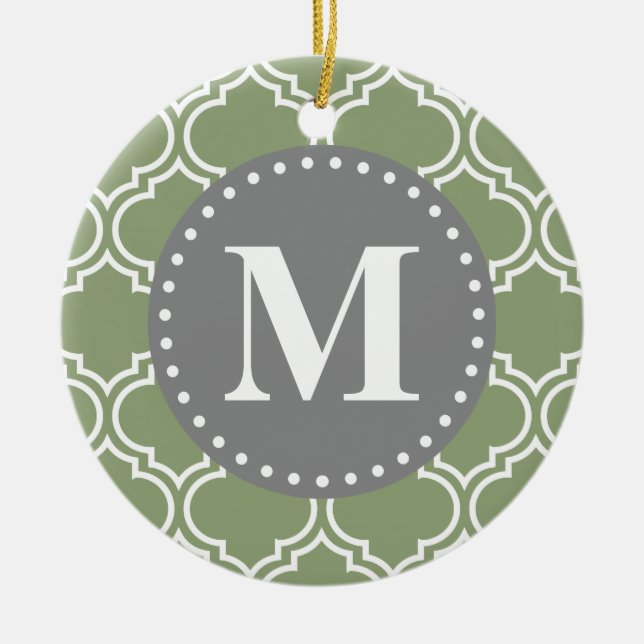 Dark Green Moroccan Lattice Pattern Monogram Ceramic Ornament (Front)