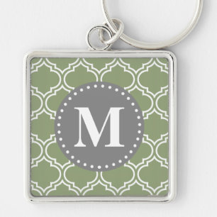Dark Green Moroccan Lattice Pattern Monogram Keychain