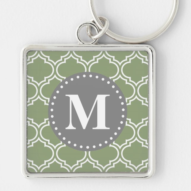 Dark Green Moroccan Lattice Pattern Monogram Keychain (Front)