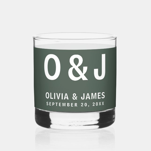 Dark Green | Moss Minimalist Modern Scandi Wedding Whiskey Glass (Front)