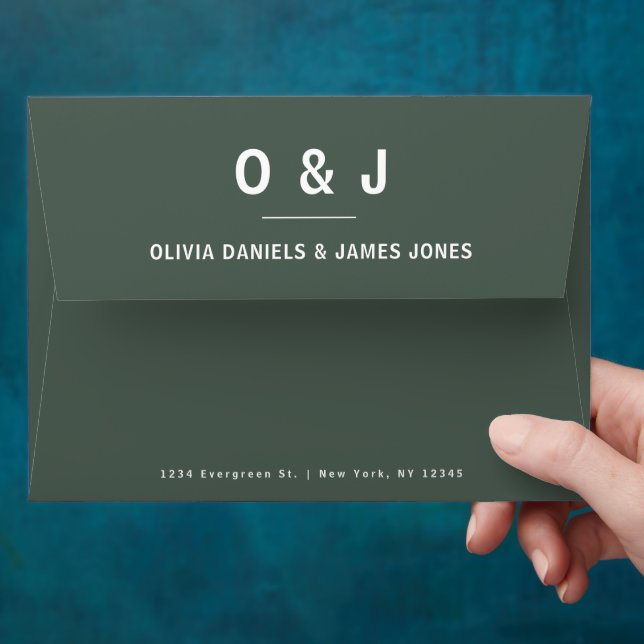 Dark Green | Moss Minimalist Scandi Modern Wedding Envelope (Hand)