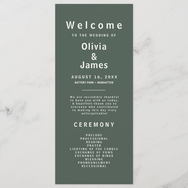 Dark Green | Moss Minimalist Scandi Modern Wedding Program (Front)