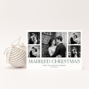 Dark Green Newlywed Christmas   Wedding Photo Grid Holiday Card