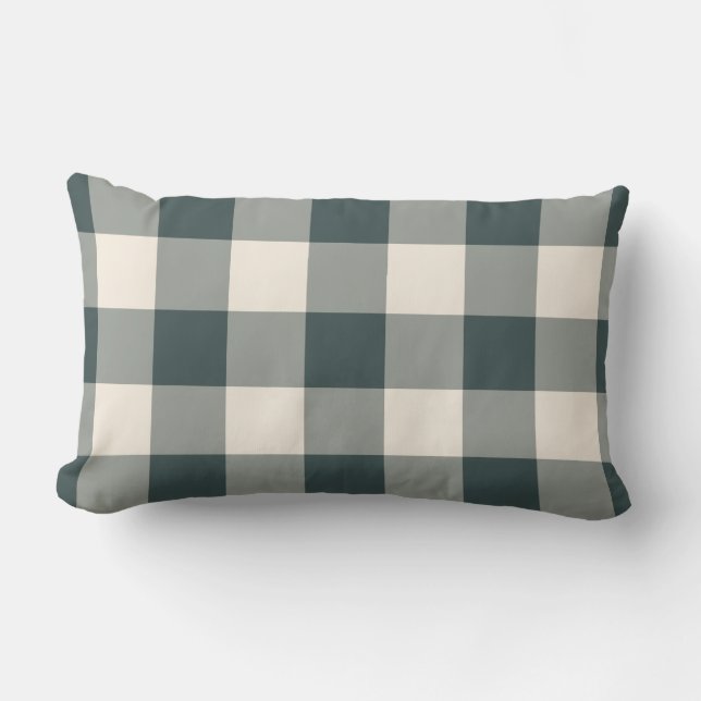 Dark Green Off-White Gingham Pattern Chequered Lumbar Pillow (Front)