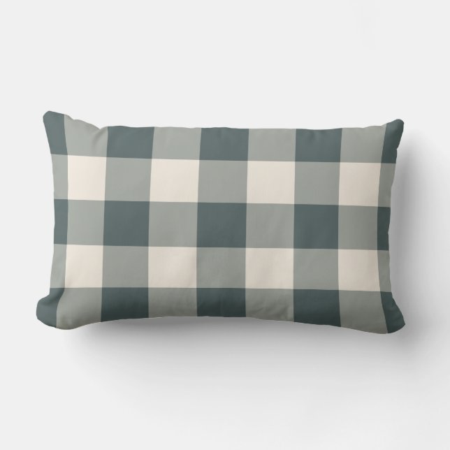 Dark Green Off-White Gingham Pattern Chequered Lumbar Pillow (Front)