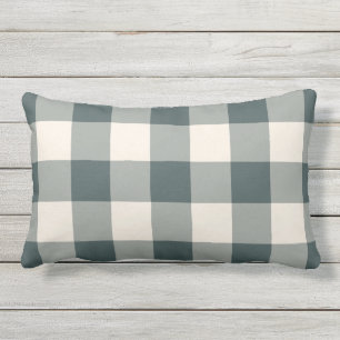 Dark Green Off-White Gingham Pattern Chequered Lumbar Pillow