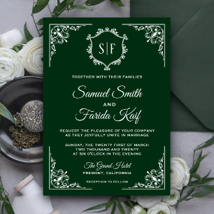 Dark Green Ornate Monogram Wedding Invitation