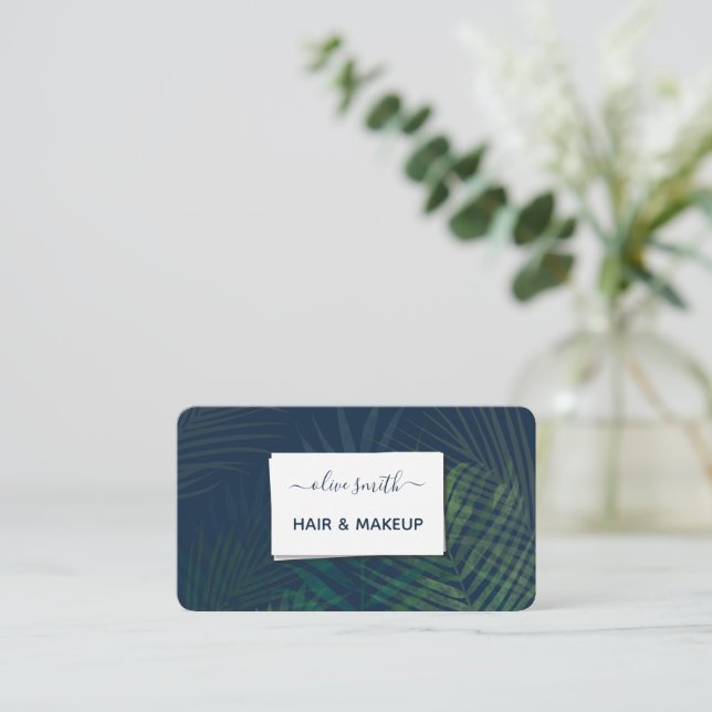 Dark Green Palm Leaf Business Card – Botanical  (Standing Front)