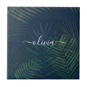 Dark Green Palm Leaves Ceramic Tile – Tropical 