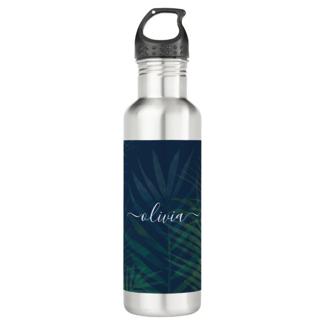 Dark green palms leaves pattern 710 ml water bottle (Front)