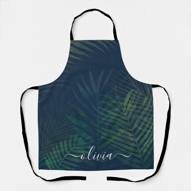 Dark green palms leaves pattern apron (Front)