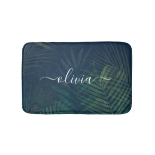 Dark green palms leaves pattern bath mat