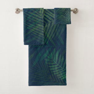 Dark green palms leaves pattern bath towel set
