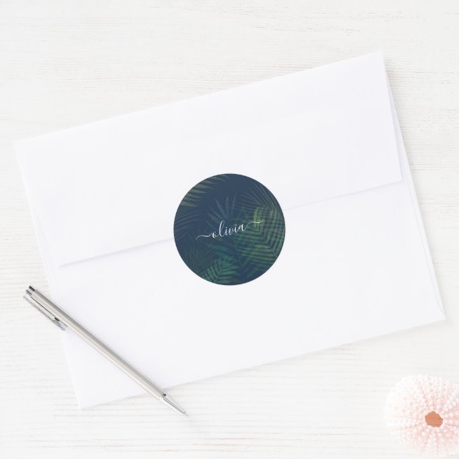 Dark green palms leaves pattern classic round sticker (Envelope)