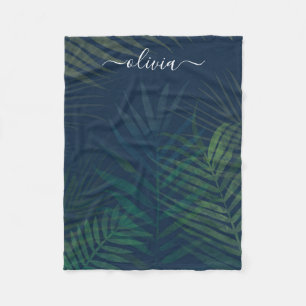 Dark green palms leaves pattern fleece blanket