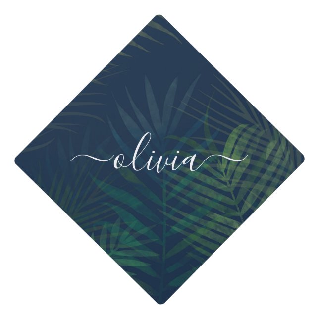 Dark green palms leaves pattern graduation cap topper (Front)