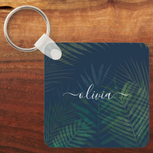 Dark green palms leaves pattern keychain