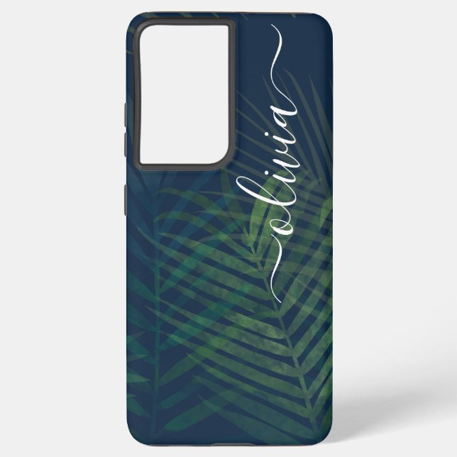 Dark green palms leaves pattern samsung galaxy s21 ultra case (Back)