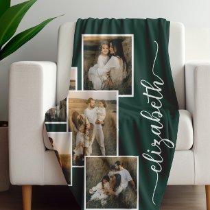 Dark Green Personalized With Name 5 Photo Collage Fleece Blanket