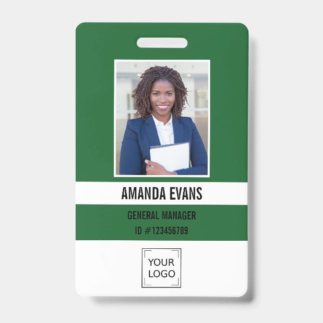 Dark Green Photo Employee Logo or QR CODE Security Badge (Front)
