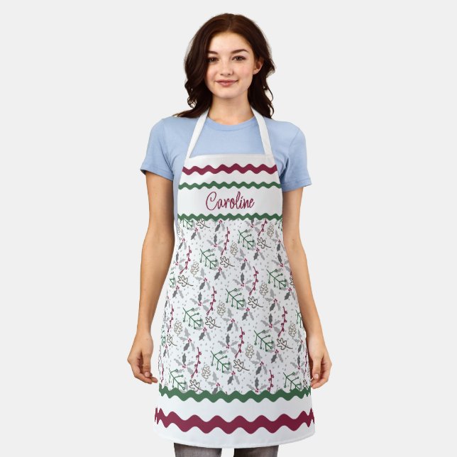 Dark Green Pine Needles Red Holly Berries Pattern Apron (Worn)