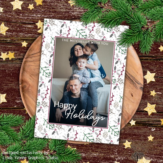 Dark Green Pine Needles Red Holly Berries Pattern Card (Creator Uploaded)