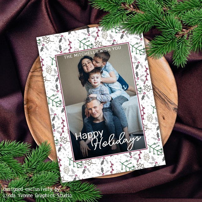 Dark Green Pine Needles Red Holly Berries Pattern Holiday Card (Creator Uploaded)