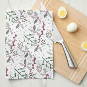 Dark Green Pine Needles Red Holly Berries Pattern Kitchen Towel