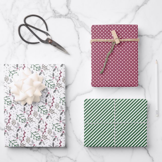 Dark Green Pine Needles Red Holly Berries Pattern Wrapping Paper Sheet (Front)