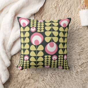Dark Green, Pink, Yellow Mid Mod Flowers Pattern Throw Pillow