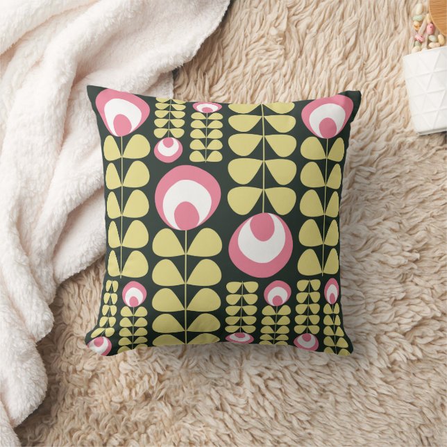 Dark Green, Pink, Yellow Mid Mod Flowers Pattern Throw Pillow (Blanket)