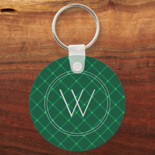 Dark green plaid festive custom monogram  keychain