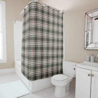 Dark Green Plaid Shower Curtain with Ivory and Red
