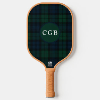 Dark Green Plaid with Monogram Pickleball Paddle