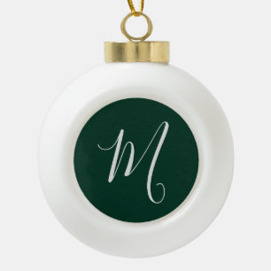 Dark Green Plain Elegant Modern Own Name Monogram Ceramic Ball Christmas Ornament