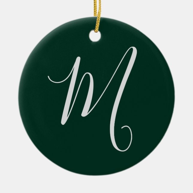Dark Green Plain Elegant Modern Own Name Monogram Ceramic Ornament (Front)