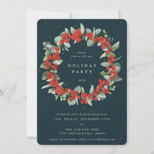 Dark Green Red Berries+Eucalyptus Christmas Party Invitation