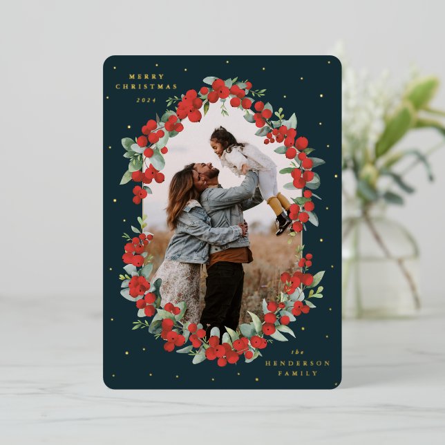 Dark Green Red Berries+Eucalyptus Christmas Photo Foil Holiday Card (Standing Front)