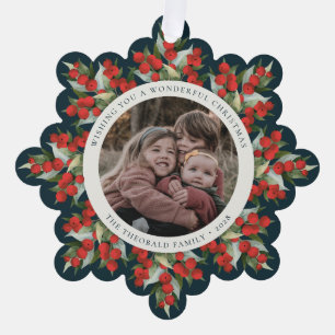 Dark Green Red Berries+Greenery Christmas Paper Ornament Card