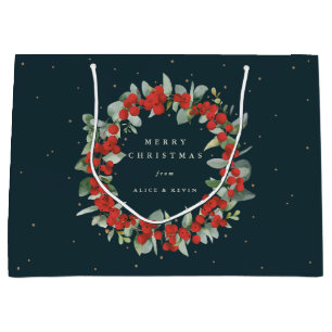 Dark Green Red Berry+Eucalyptus Christmas/Holiday Large Gift Bag