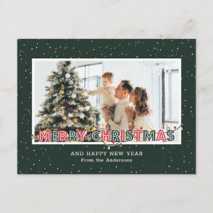 Dark Green Red Snow Christmas Lights Photo Holiday Postcard