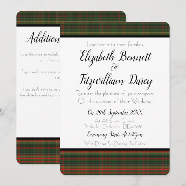 Dark Green & Red Tartan / Plaid Wedding Invitation (Front/Back)