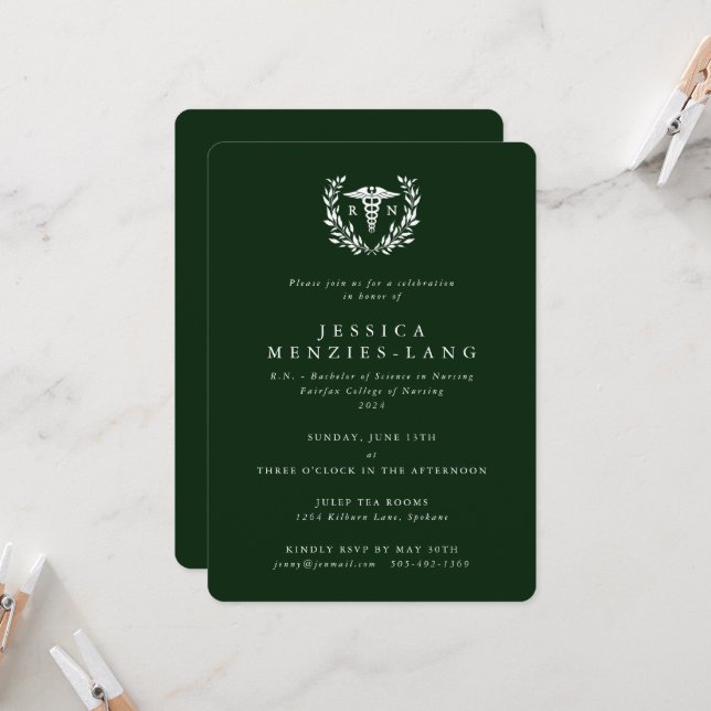 Dark Green Registered Nurse Caduceus+Laurel Wreath Invitation (Front/Back In Situ)
