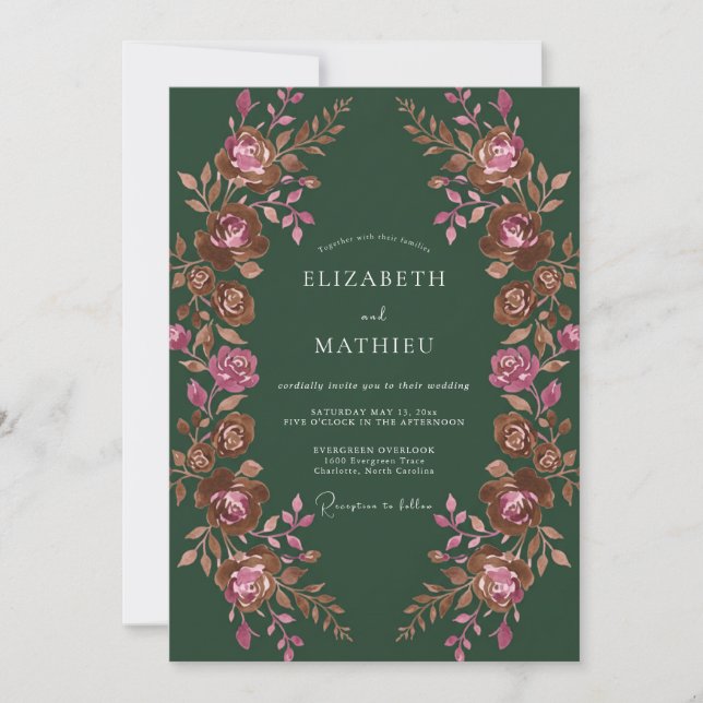Dark Green Romantic Floral Wedding Invitation (Front)