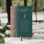 Dark Green Rose Gold Glitter Wedding Table Number<br><div class="desc">The left-hand edge of this elegant modern wedding table number card features a rose gold faux glitter border. The word "table" appears in rose pink whimsical handwriting script on a dark green background. Add the names of your guests who are assigned to each table.</div>